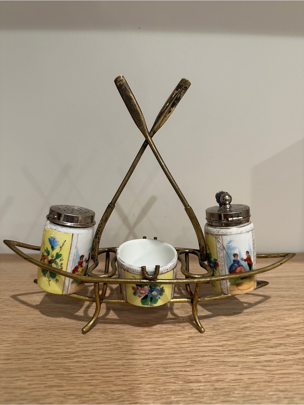 Antique Porcelain Salt & Pepper Set with Brass Holder